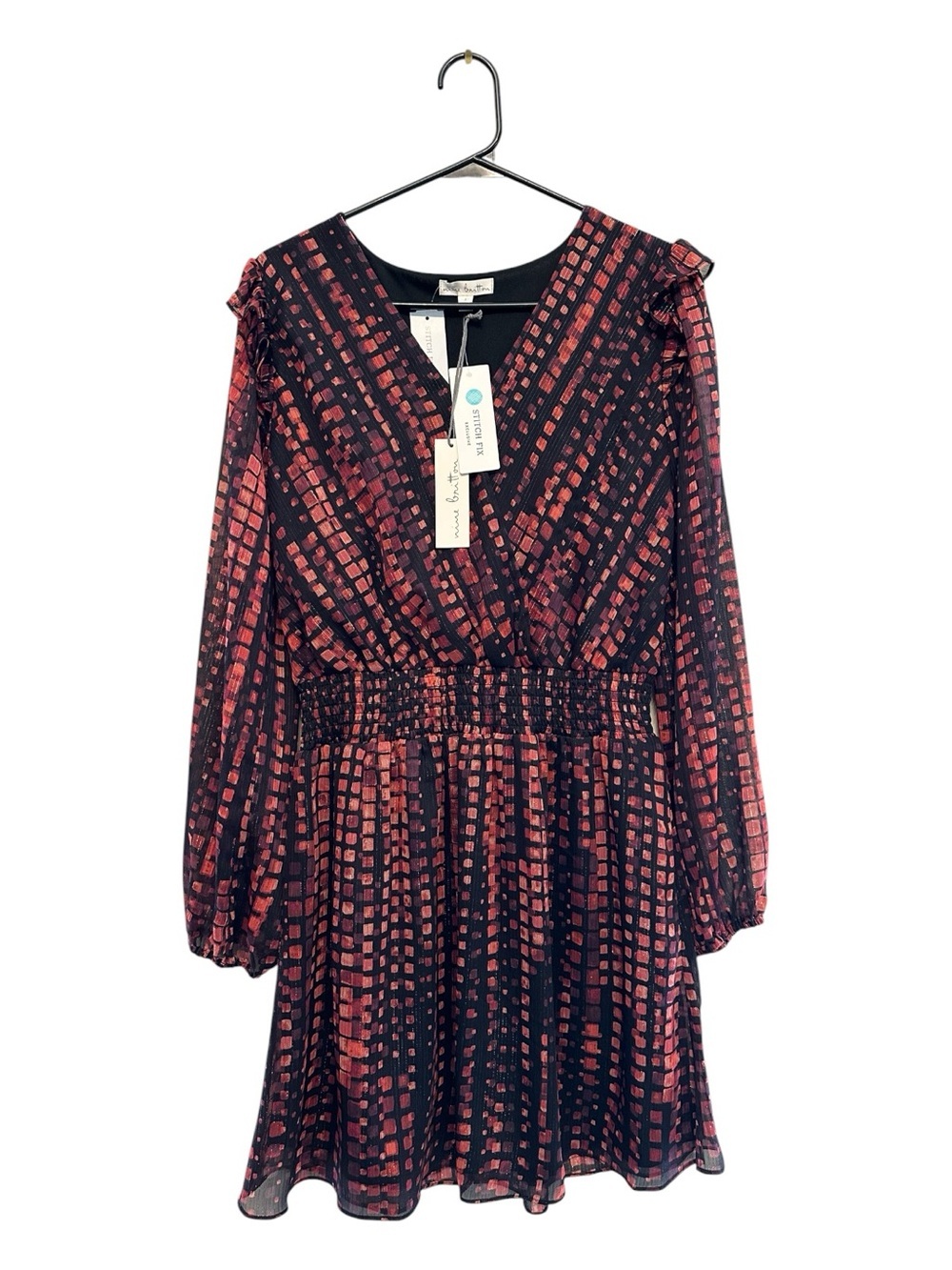 NWT Stitchfix/nine britton Black & Red Metallic Patterned V-Neck Mini Dress S